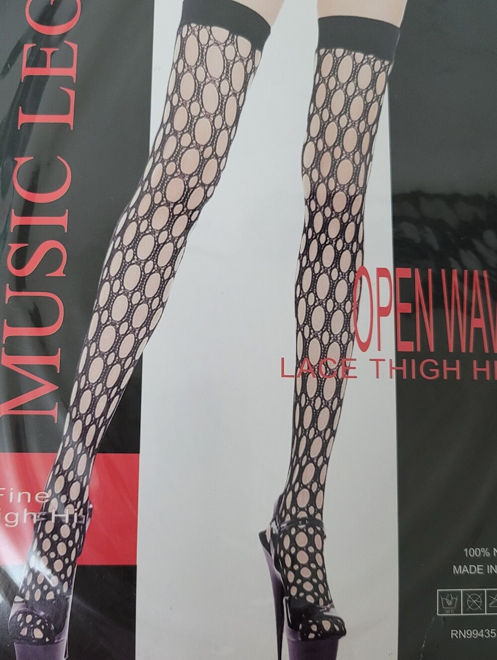 Music Legs Black Open Wave Lace Thigh Highs with Circular Cutouts